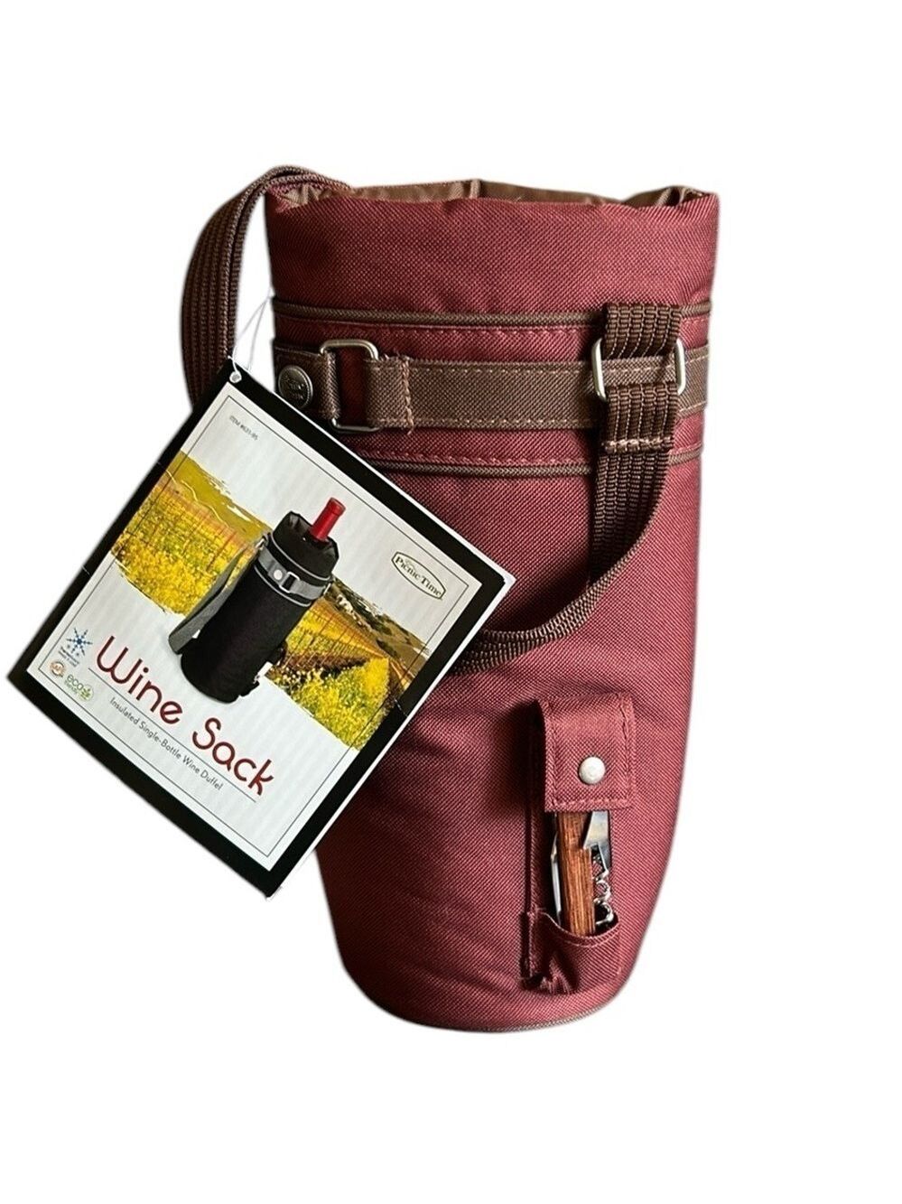 Picnic Time Wine Sack with Shoulder Strap and Corkscrew Red Clay and Brown